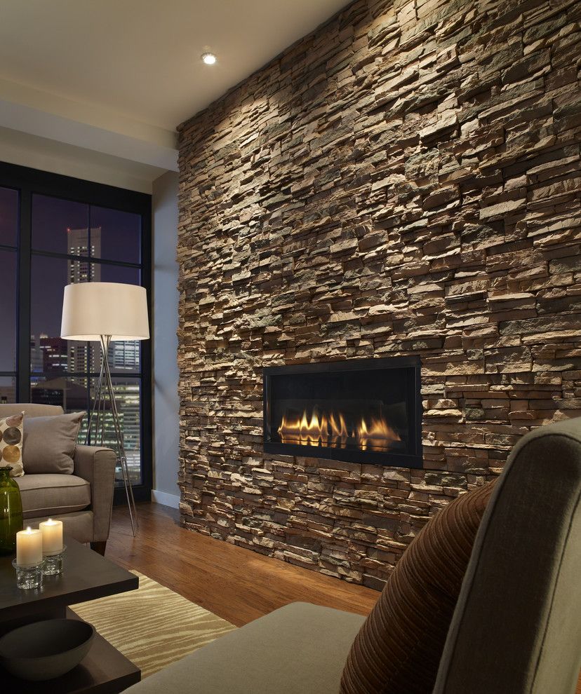 Stone fireplace wall Rustic with Modern