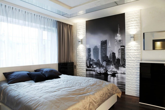 фотообои с изображением мегаполиса на стене в спальне 