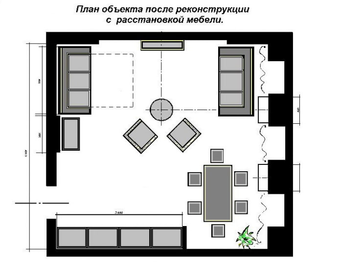 план кухни-гостиной квадратной формы