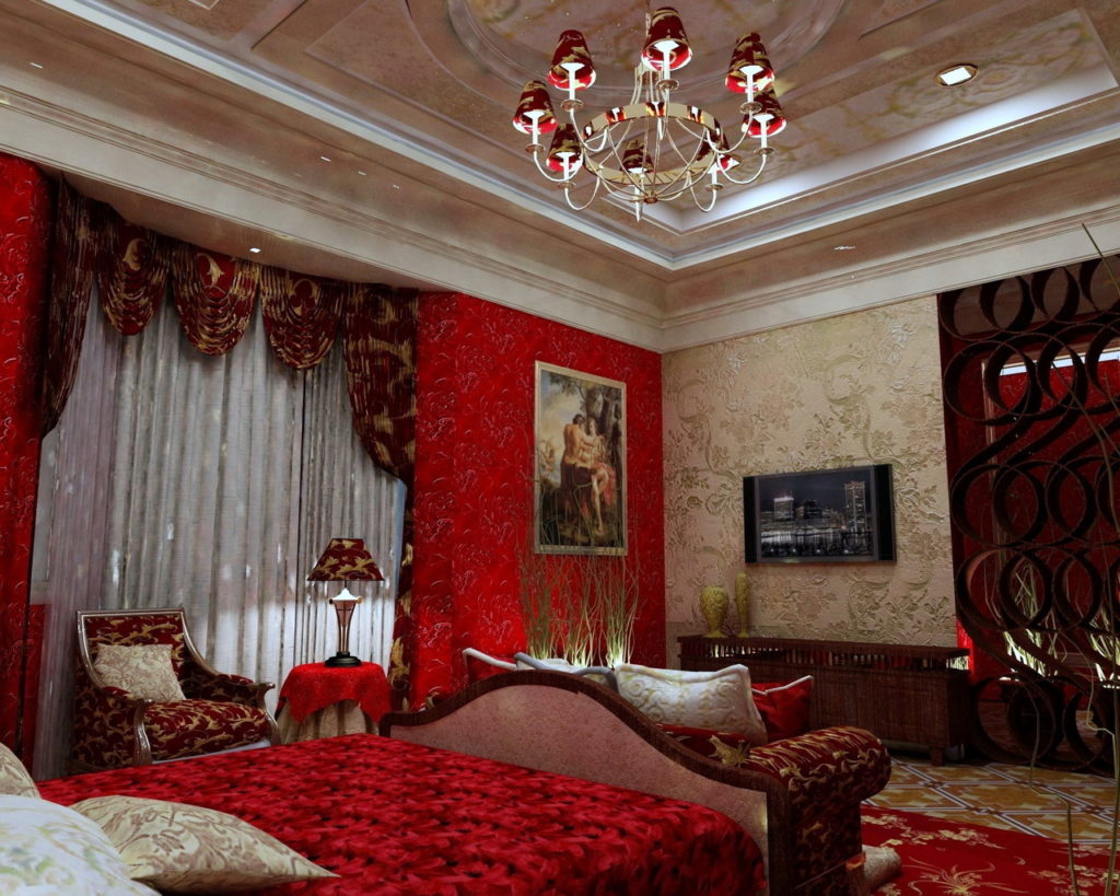 оформление стен в спальне красный цвет