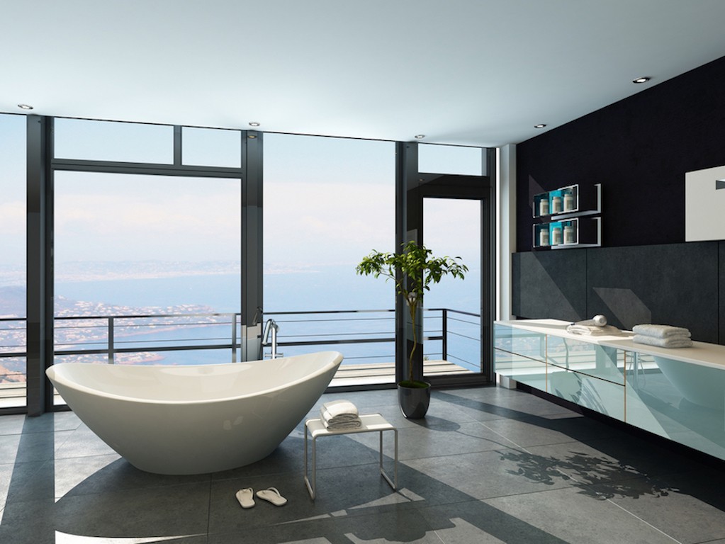 современный дизайн ванной комнаты с белой ванной