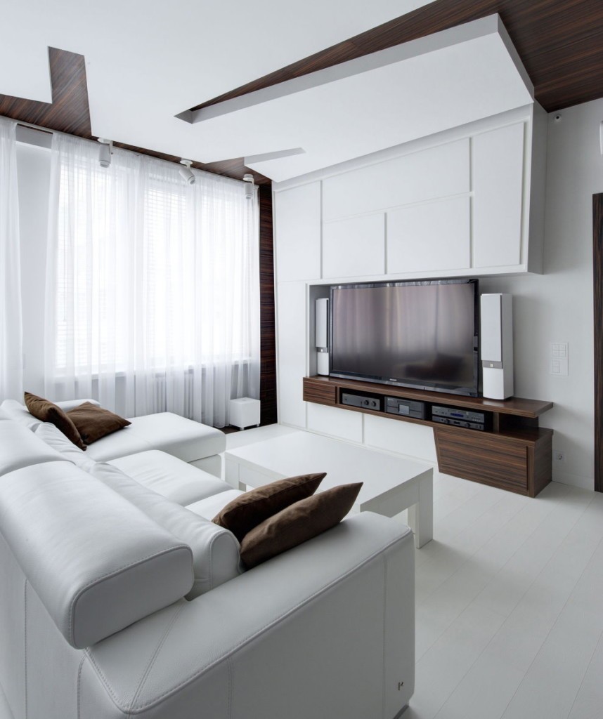 Многоуровневый потолок в гостиной стиля минимализм