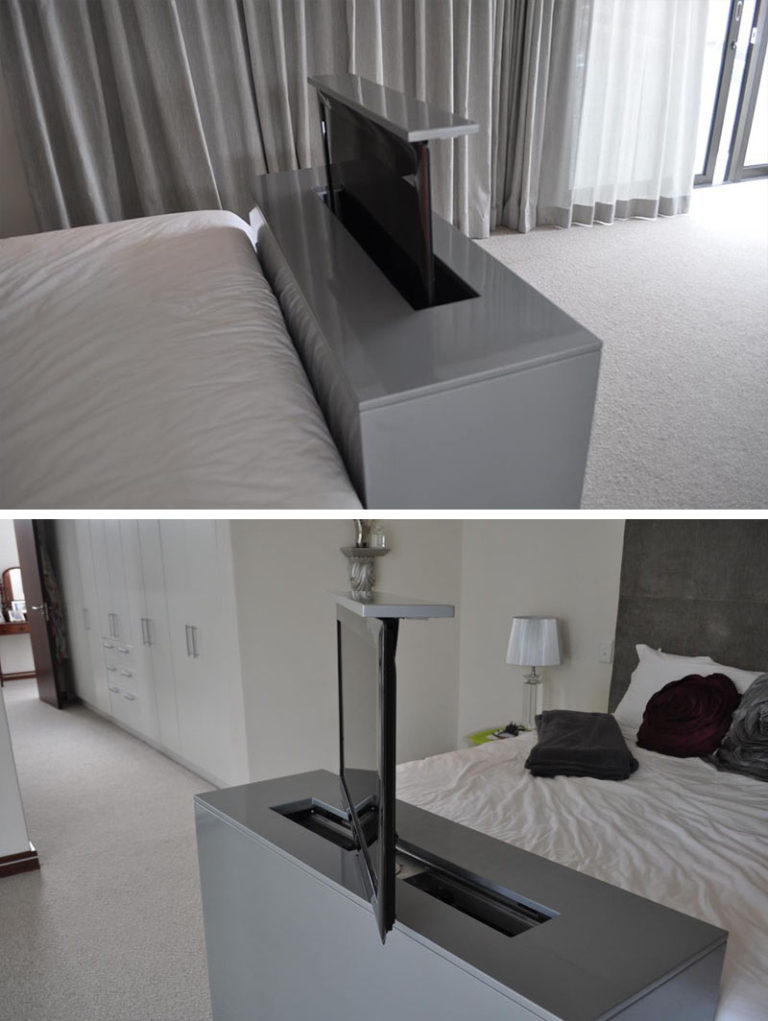 Как скрыть телевизор в спальне: из подножья кровати