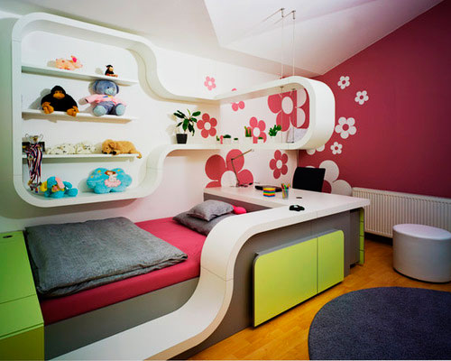 Стильный дизайн интерьера с кроватью для девочки подростка