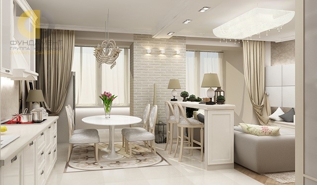 Кухня-гостиная в квартире в стиле прованс. Фото интерьера с барной стойкой 