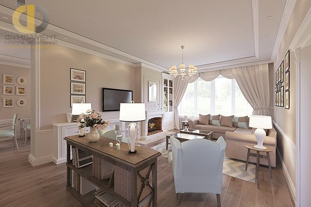 Светлая мягкая мебель в интерьере гостиной в стиле классика