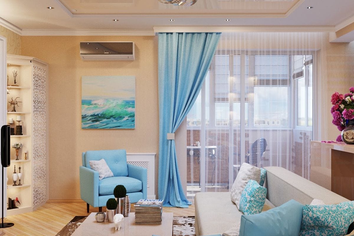 светлые бирюзовые шторы в гостиной